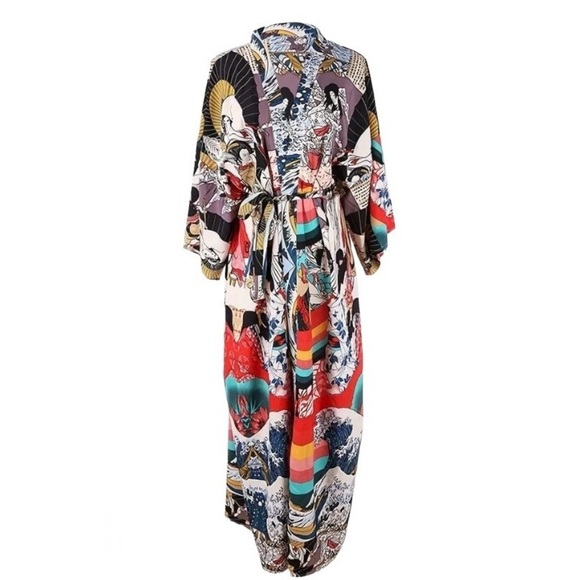Asian Inspired Print Kimono with self tie belt - Picture 7 of 12